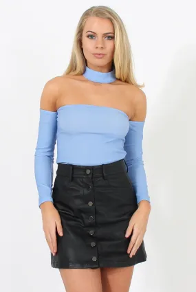 Blue Bardot Choker Crop Top - Scarlett