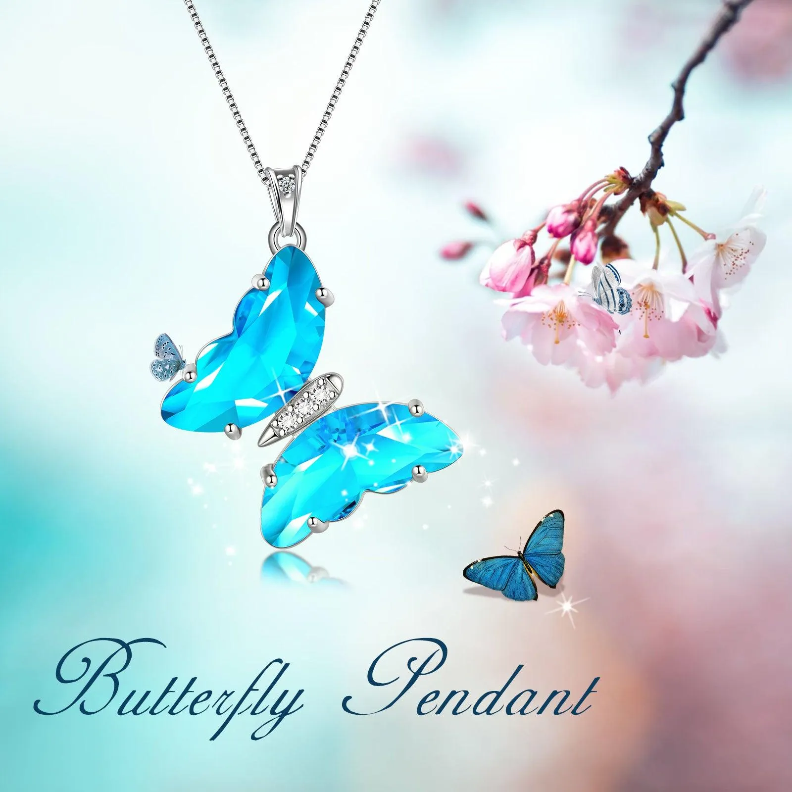 Blue Butterfly Necklace March Aquamarine Birthstone Pendant Women Girls Jewelry Birthday Gift