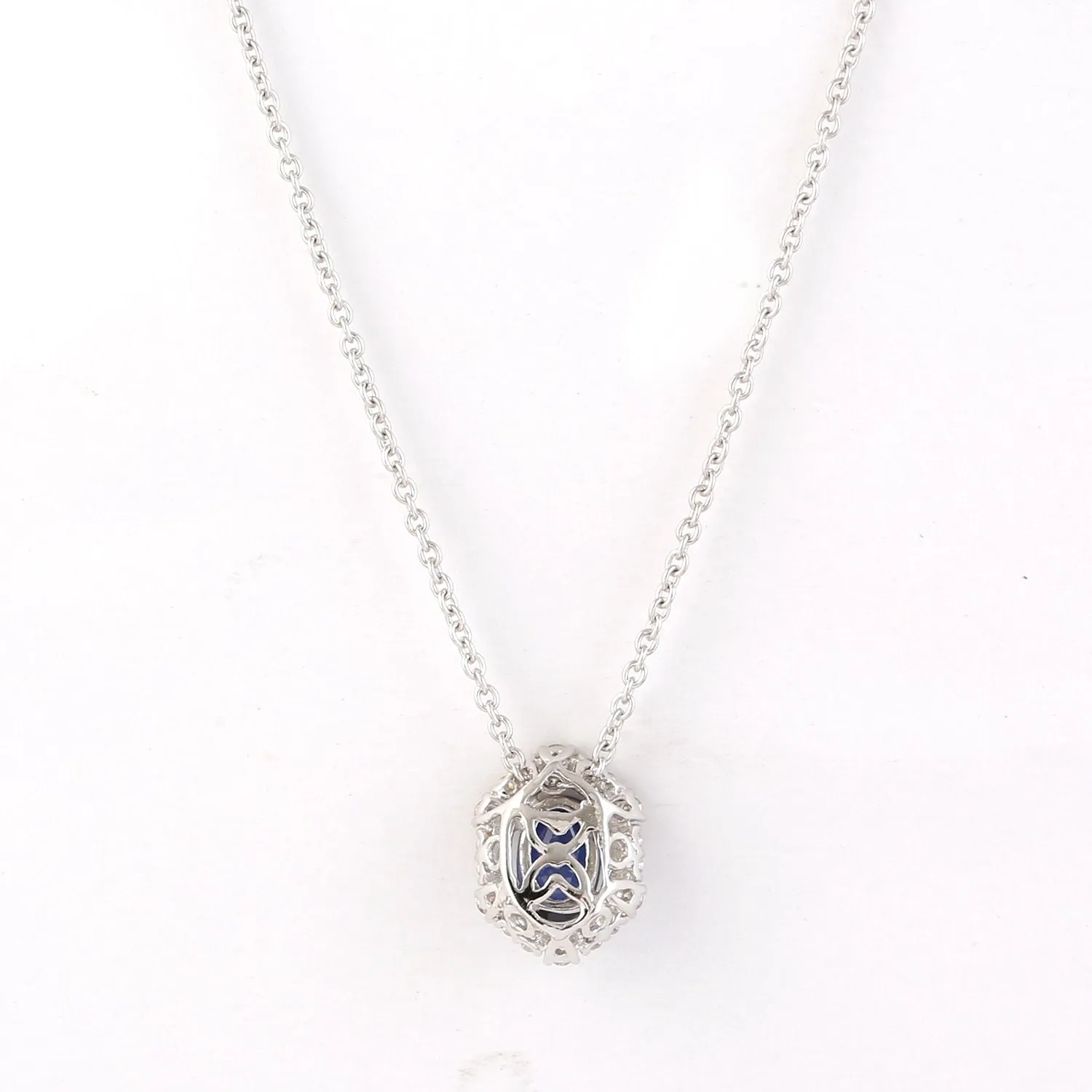 Blue Sapphire & Diamond Halo Oval Shape Pendant Chain Necklace In 14k White Gold