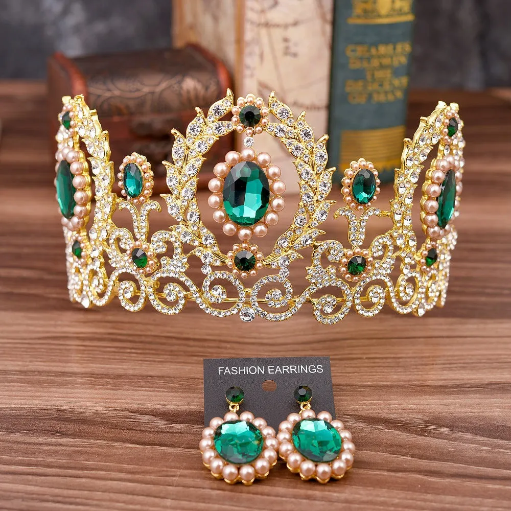 Bridal Tiara Crown Earrings Set Baroque Retro Large Crown Rhinestone Pearl Wedding Accessories