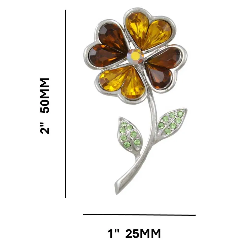 Brown Sunflower with Crystal Leaves Brooch Pin - PRL831