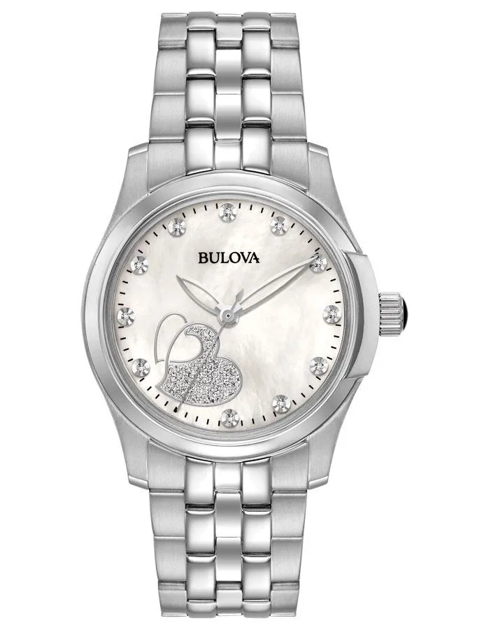 Bulova Womens Diamond Heart Watch - White MOP Dial - Stainless Steel Bracelet