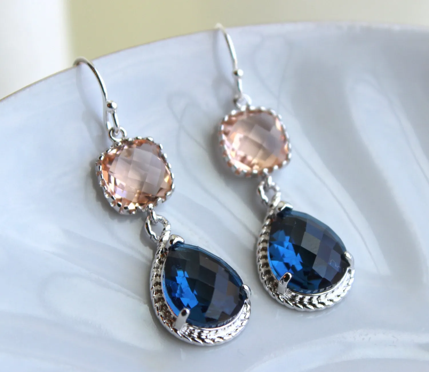 Champagne Blush Earrings Sapphire Navy Blue Silver Earrings Two Tier Peach Pink Bridesmaid Earrings Wedding Earrings Navy Bridesmaid Jewelry