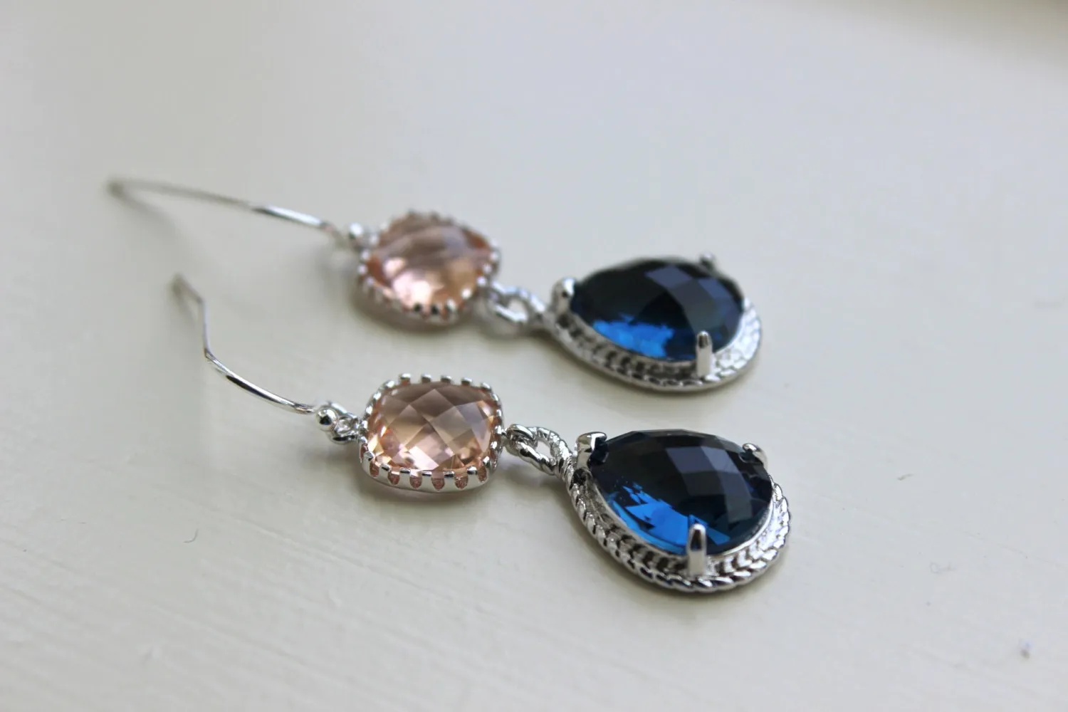 Champagne Blush Earrings Sapphire Navy Blue Silver Earrings Two Tier Peach Pink Bridesmaid Earrings Wedding Earrings Navy Bridesmaid Jewelry