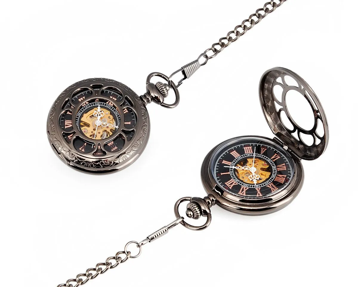 Classic Hand Wind Mechanical Pocket Watch with Chain - Black