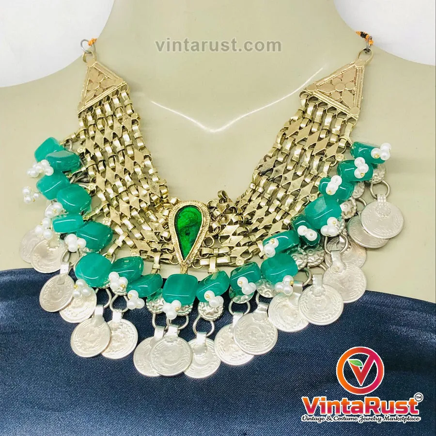 Coins Choker Necklace With Green Glass Stones and Beads