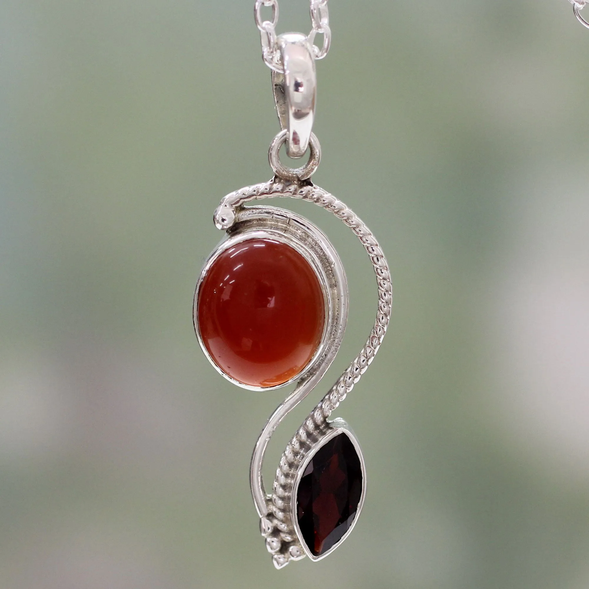 Colorful Curves Carnelian Garnet & Silver Pendant Necklace