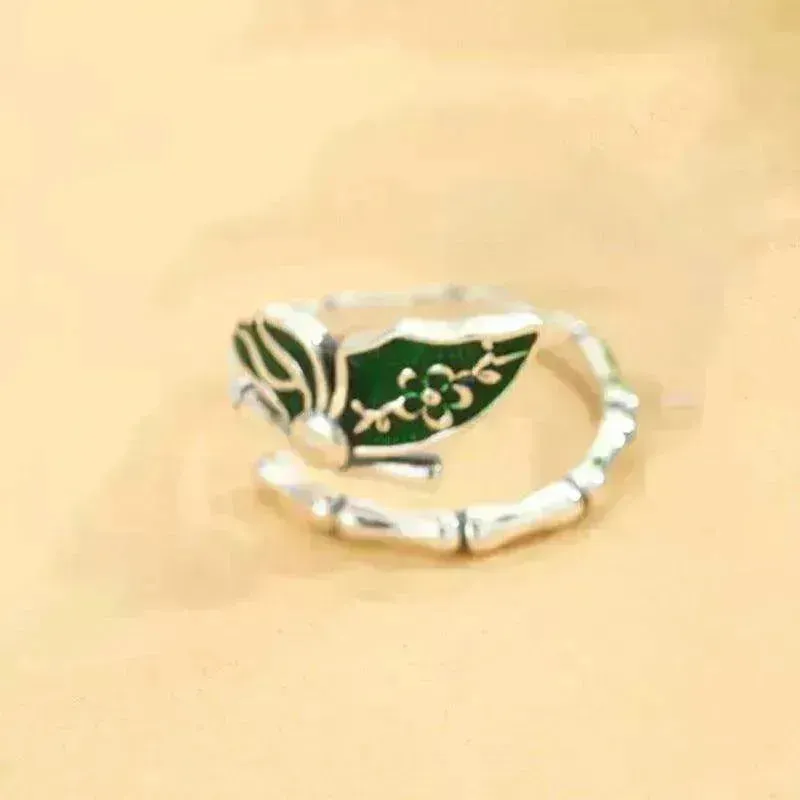 Colorful stylish and simple Enamel Bamboo Butterfly Copper Plated Silver Ring