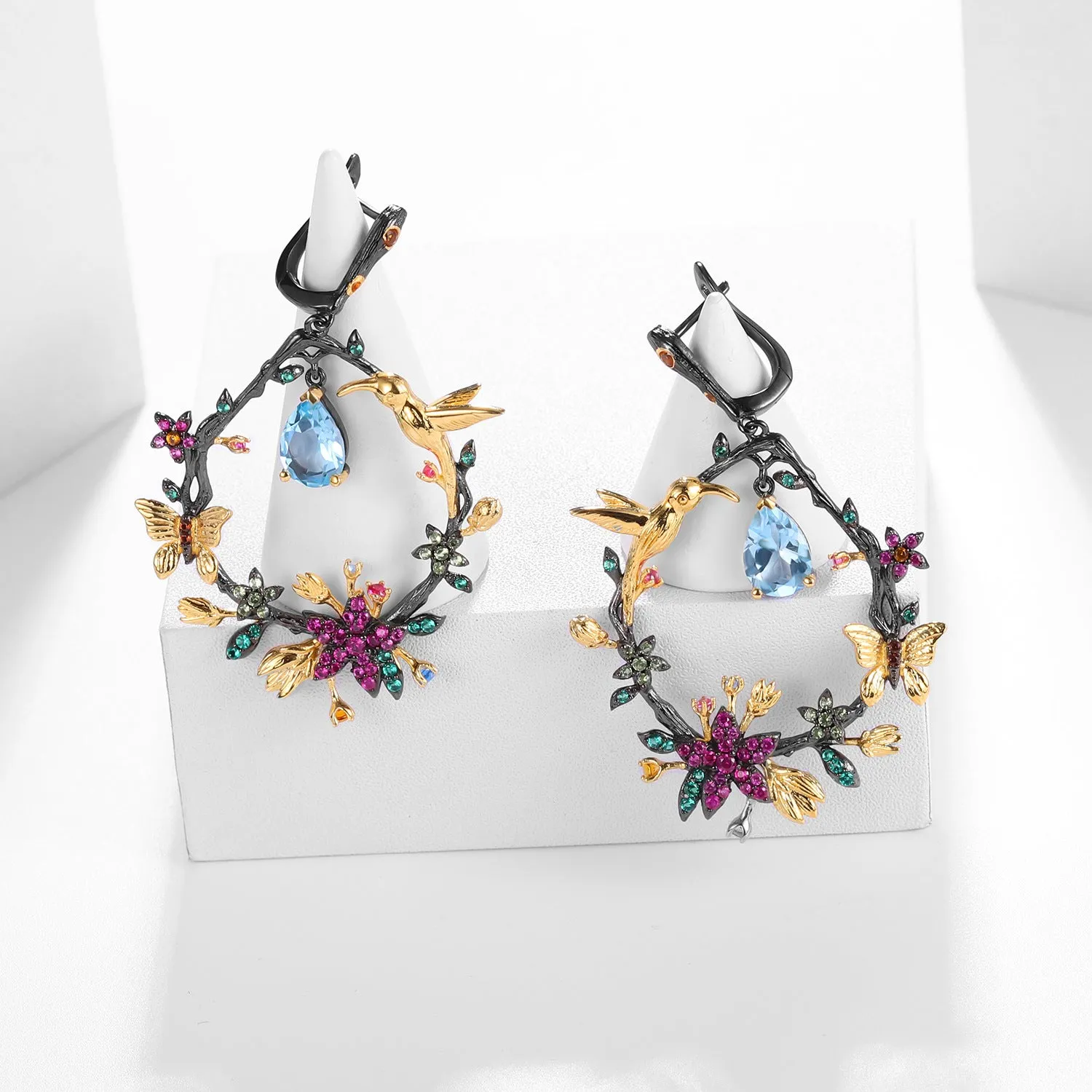 Colourful Gemstone Bird and Flower Design Silver Drop Earrings for Women