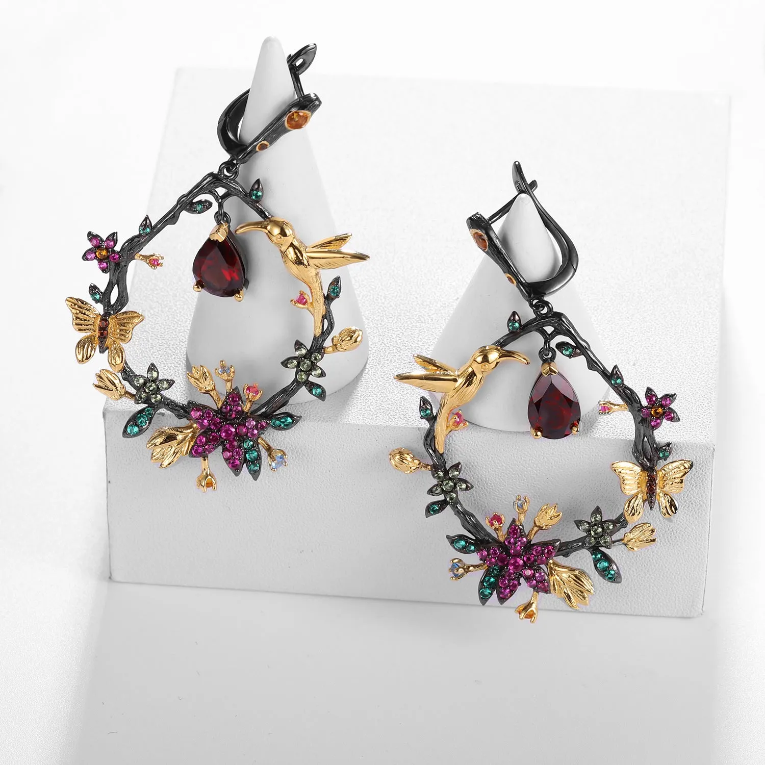 Colourful Gemstone Bird and Flower Design Silver Drop Earrings for Women