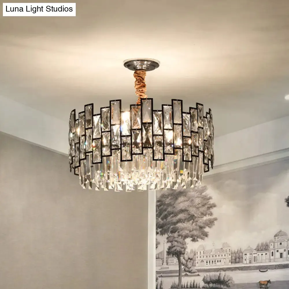 Contemporary Black Crystal Chandelier - 9-Head Suspension Lamp with Clear Prism and Dual Layers