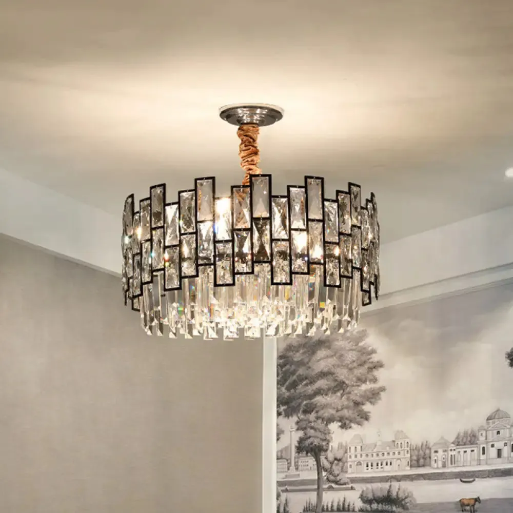 Contemporary Black Crystal Chandelier - 9-Head Suspension Lamp with Clear Prism and Dual Layers