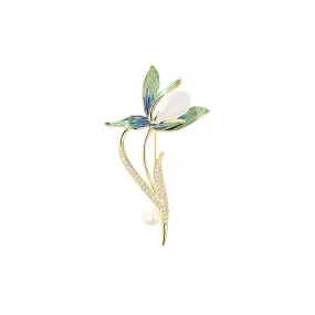 Copper High Grade White Magnolia Enamel Freshwater Pearl Brooch