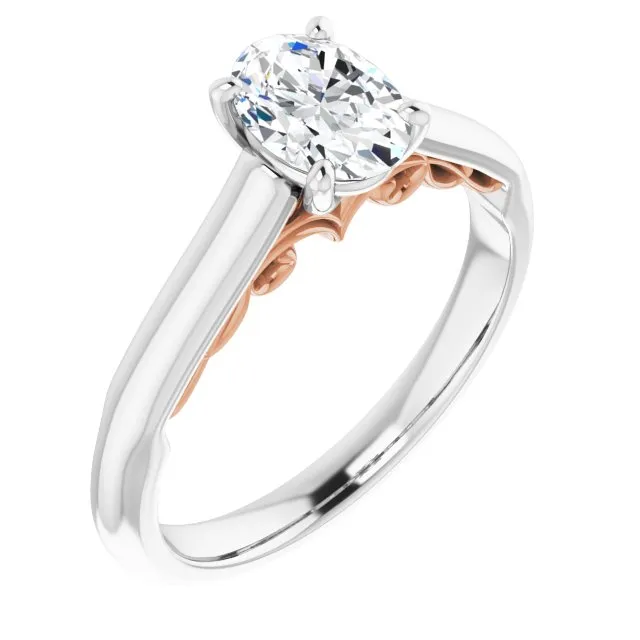 Cubic Zirconia Engagement Ring- The Adelaide (Customizable Oval Cut Cathedral Solitaire with Two-Tone Option Decorative Trellis 'Down Under')