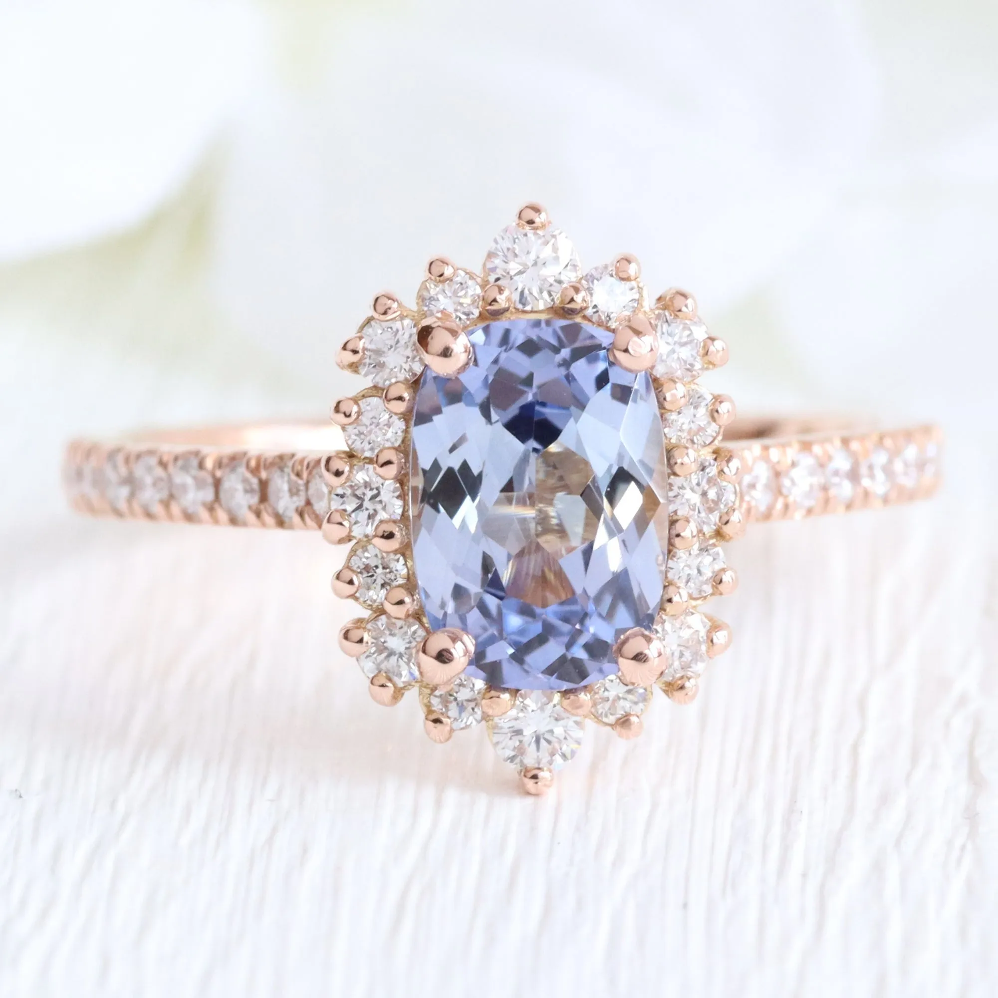 Cushion Lavender Purple Sapphire Ring in 14k Rose Gold Halo Pave Diamond, Size 6.25