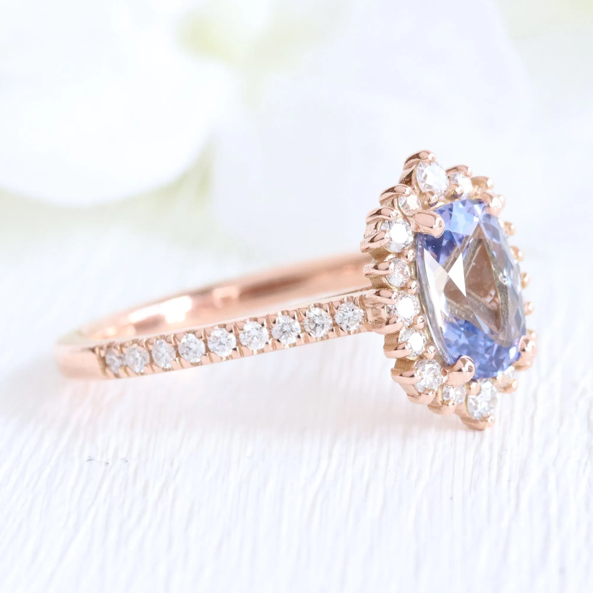 Cushion Lavender Purple Sapphire Ring in 14k Rose Gold Halo Pave Diamond, Size 6.25