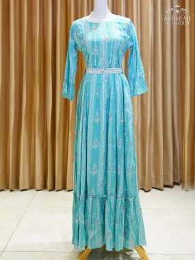 Cyan Blue Long Kurti Adorned with Prints and Thread work along with Waist Belt