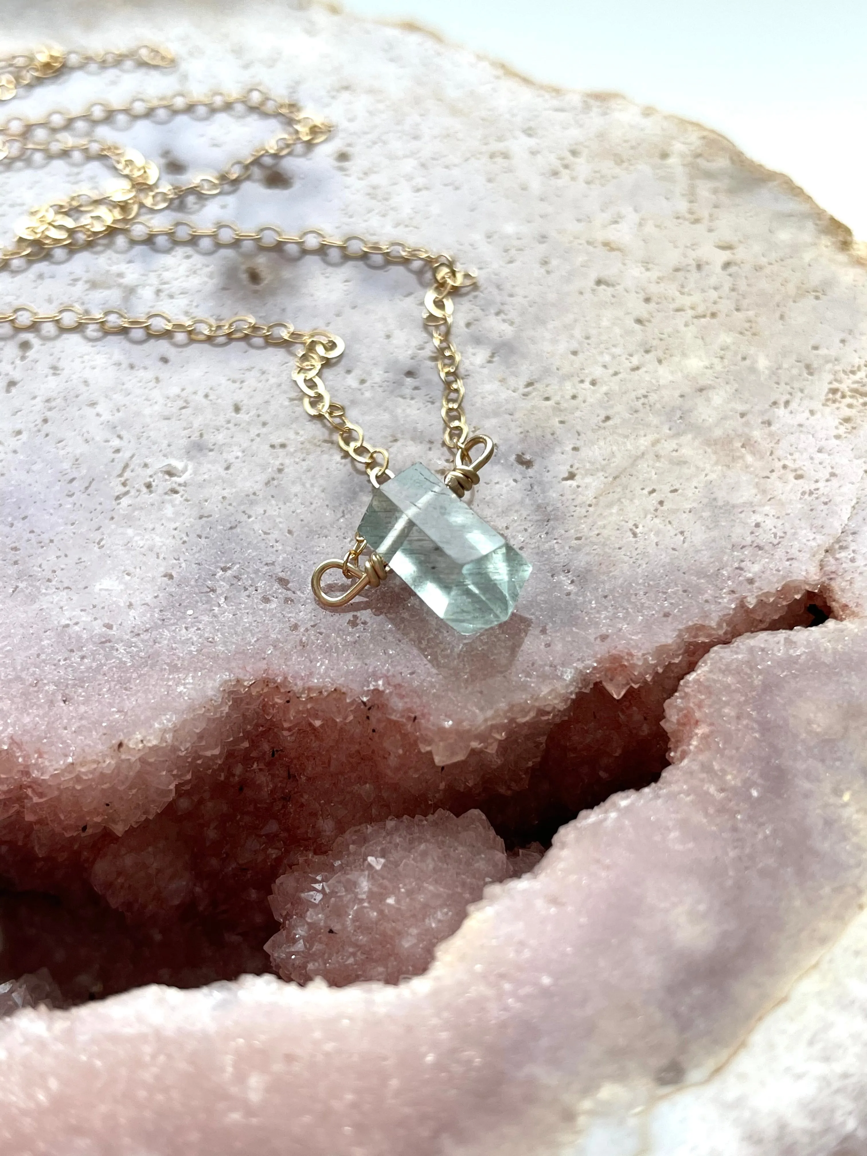 Dainty Petite Aquamarine Point Crystal Necklace in Sterling Silver or Gold