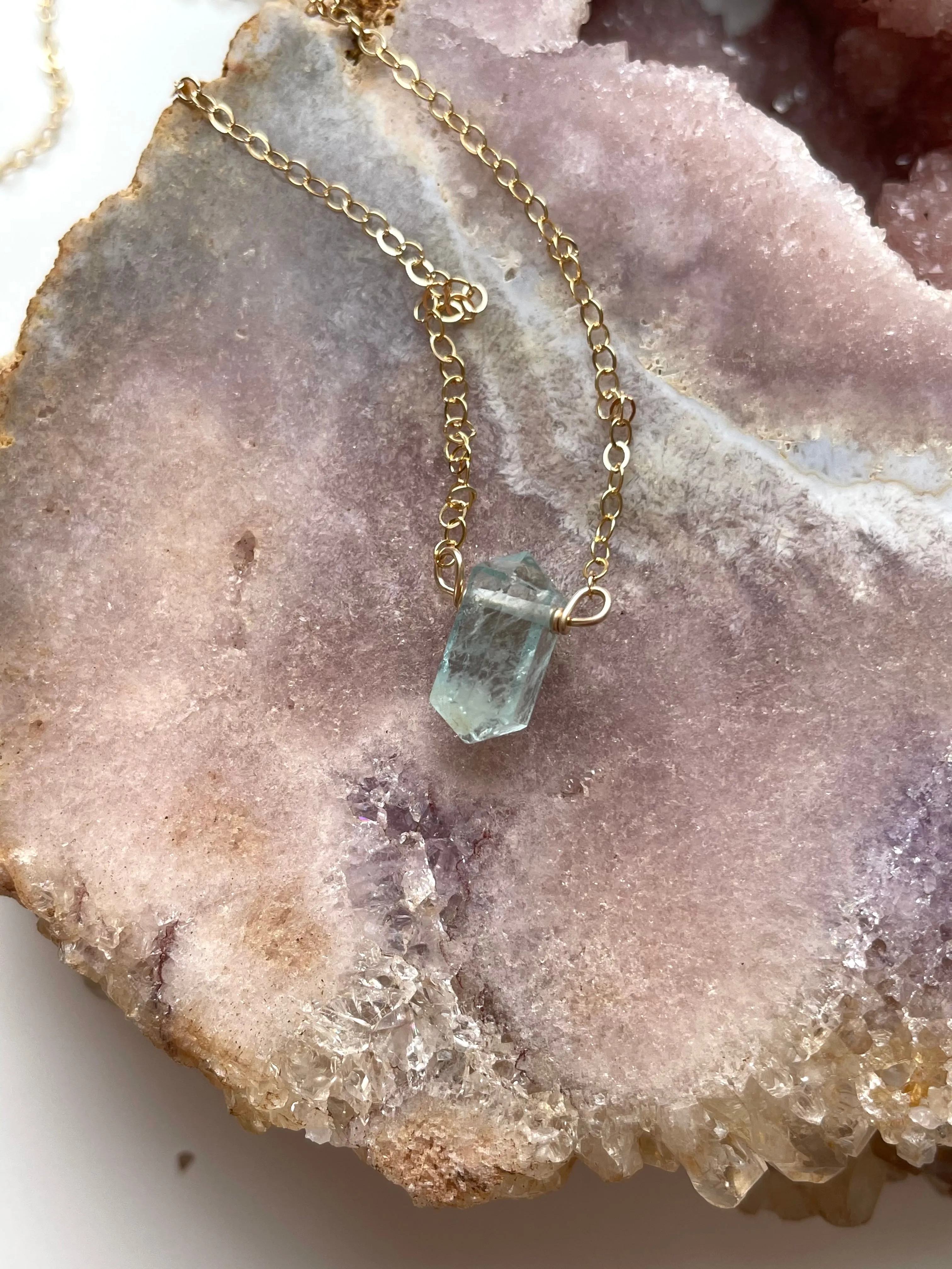 Dainty Petite Aquamarine Point Crystal Necklace in Sterling Silver or Gold