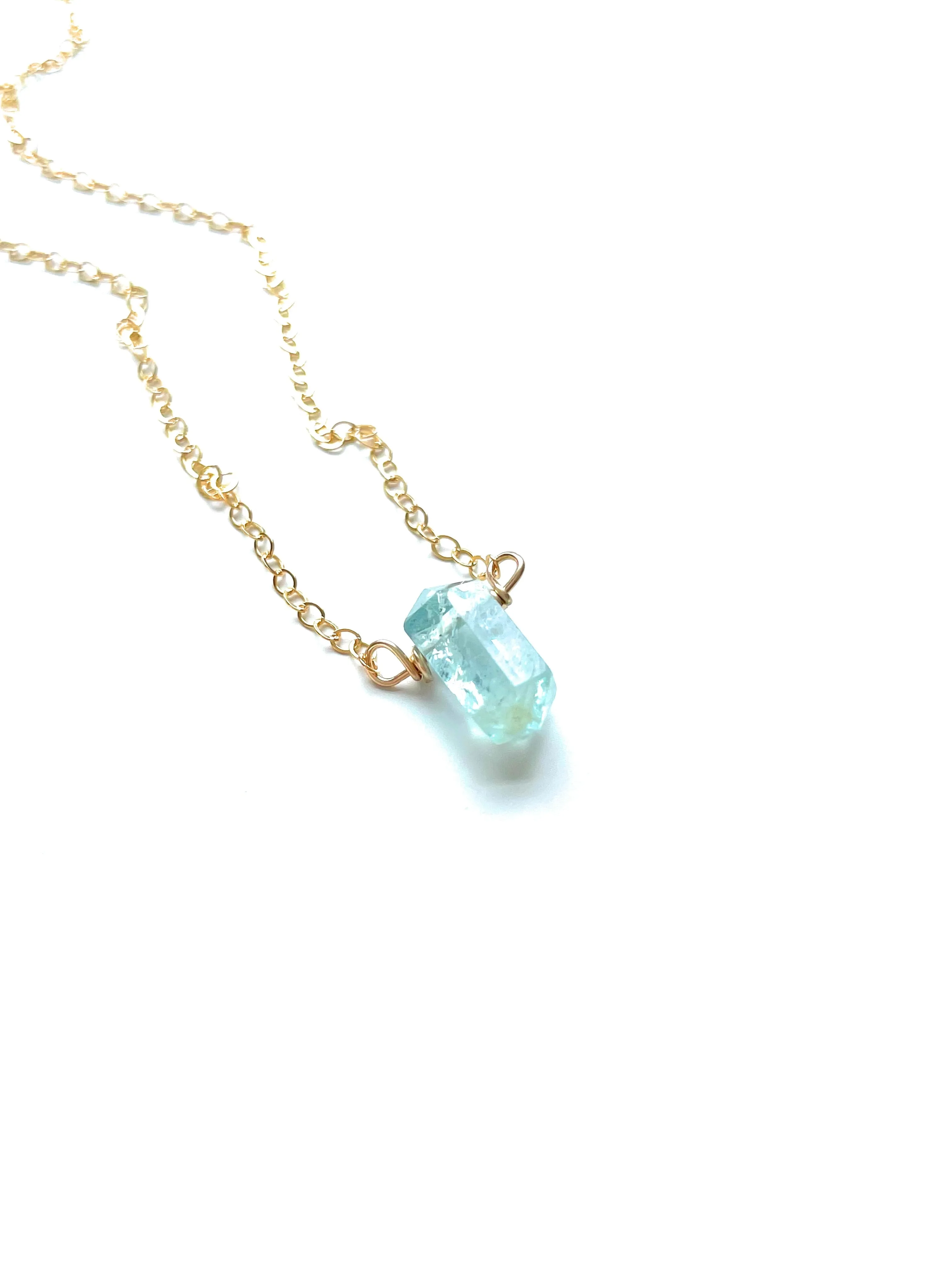 Dainty Petite Aquamarine Point Crystal Necklace in Sterling Silver or Gold