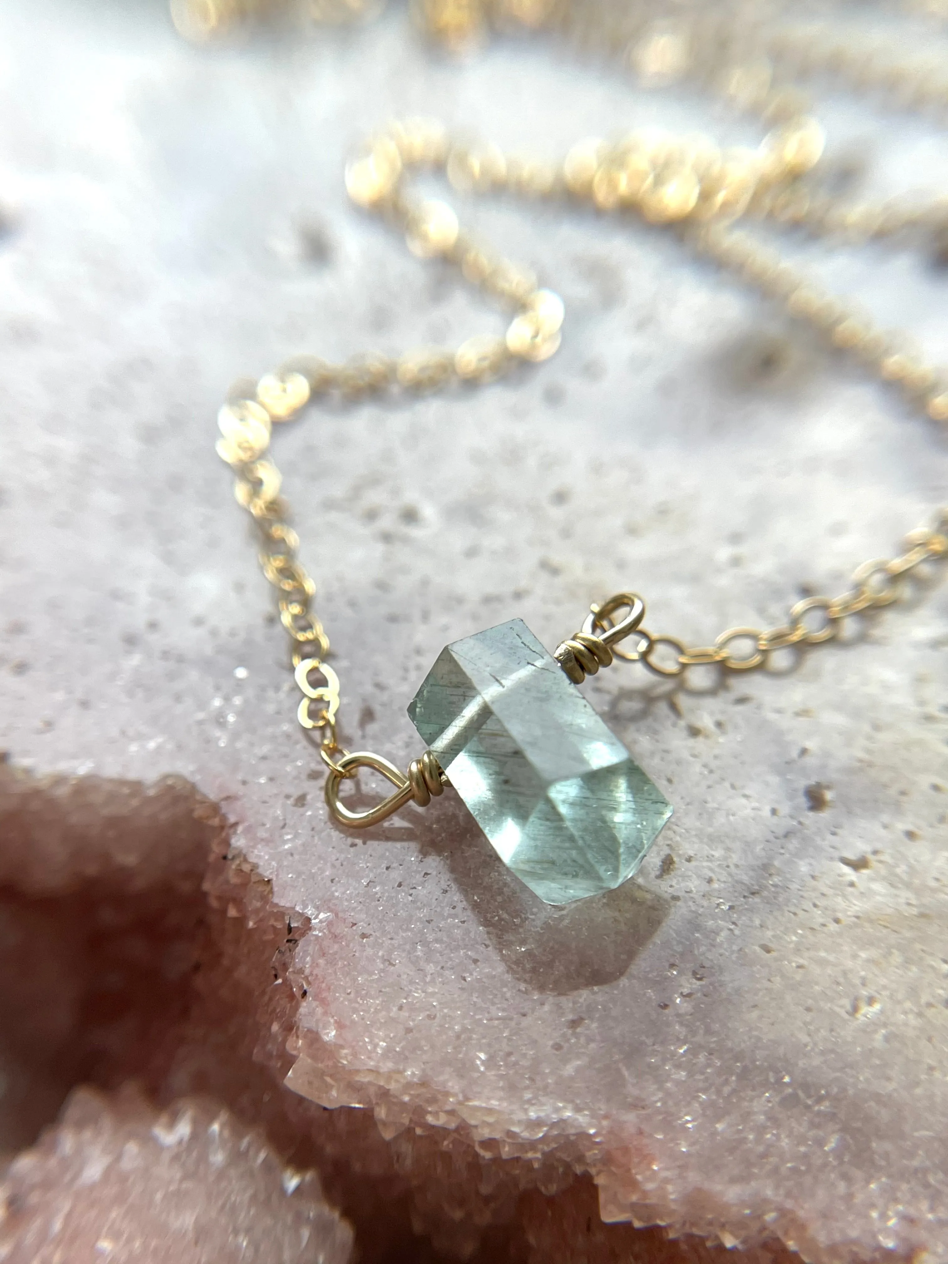 Dainty Petite Aquamarine Point Crystal Necklace in Sterling Silver or Gold