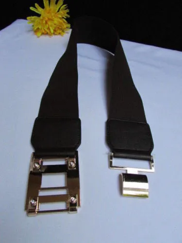 Dark Brown Elastic Waist Hip Belt Big Gold Metal Hook Buckle M L