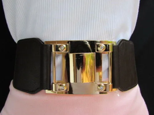 Dark Brown Elastic Waist Hip Belt Big Gold Metal Hook Buckle M L