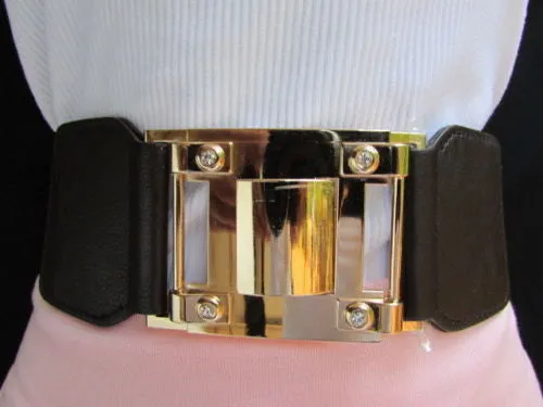 Dark Brown Elastic Waist Hip Belt Big Gold Metal Hook Buckle M L