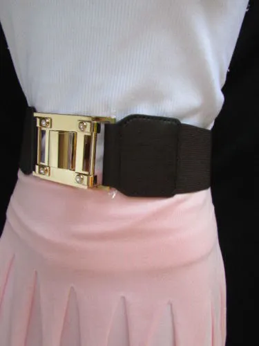 Dark Brown Elastic Waist Hip Belt Big Gold Metal Hook Buckle M L