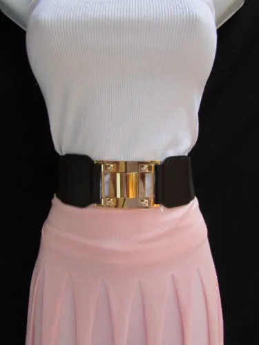 Dark Brown Elastic Waist Hip Belt Big Gold Metal Hook Buckle M L