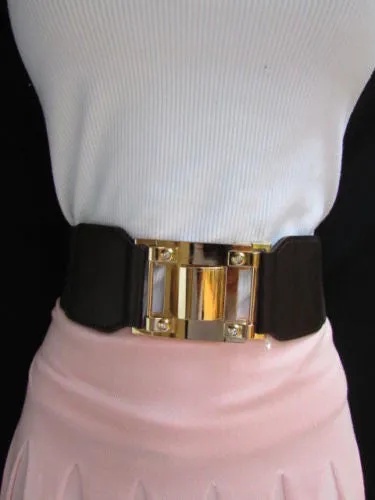 Dark Brown Elastic Waist Hip Belt Big Gold Metal Hook Buckle M L