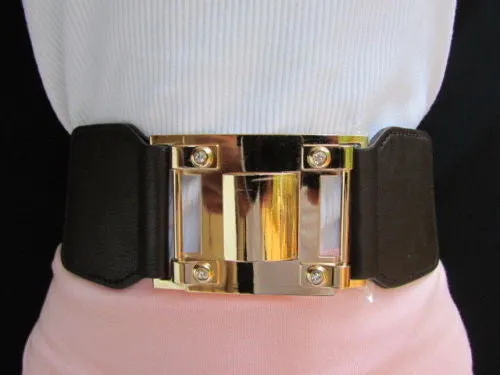 Dark Brown Elastic Waist Hip Belt Big Gold Metal Hook Buckle M L