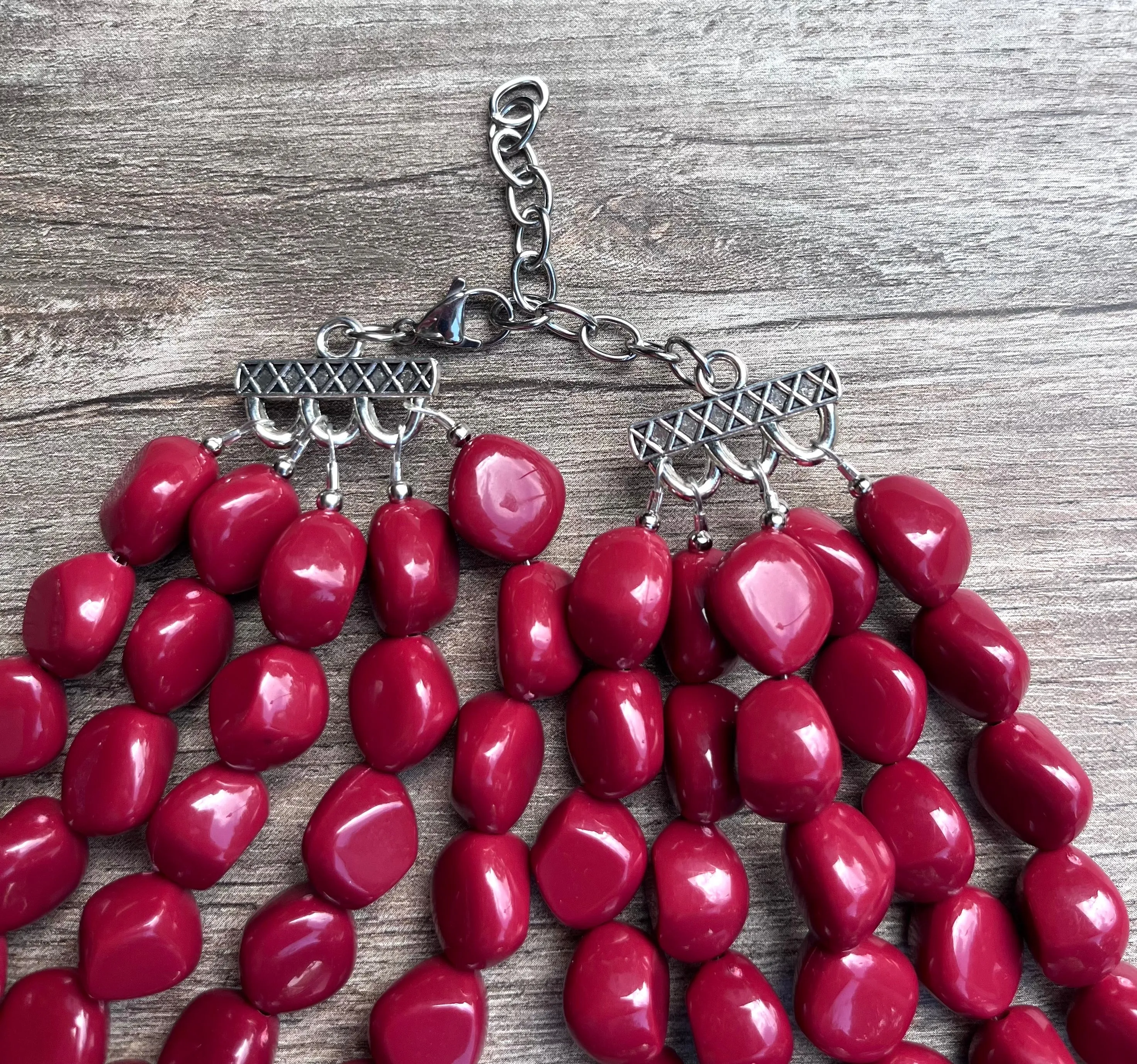 Dark Red Lucite Acrylic Beaded Chunky Multi Strand Statement Necklace - Julianna