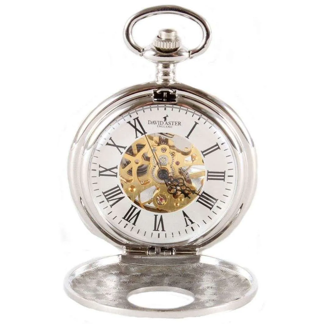 David Aster Half Hunter Patterned Mechanical Pocket Watch - Silver/Gold