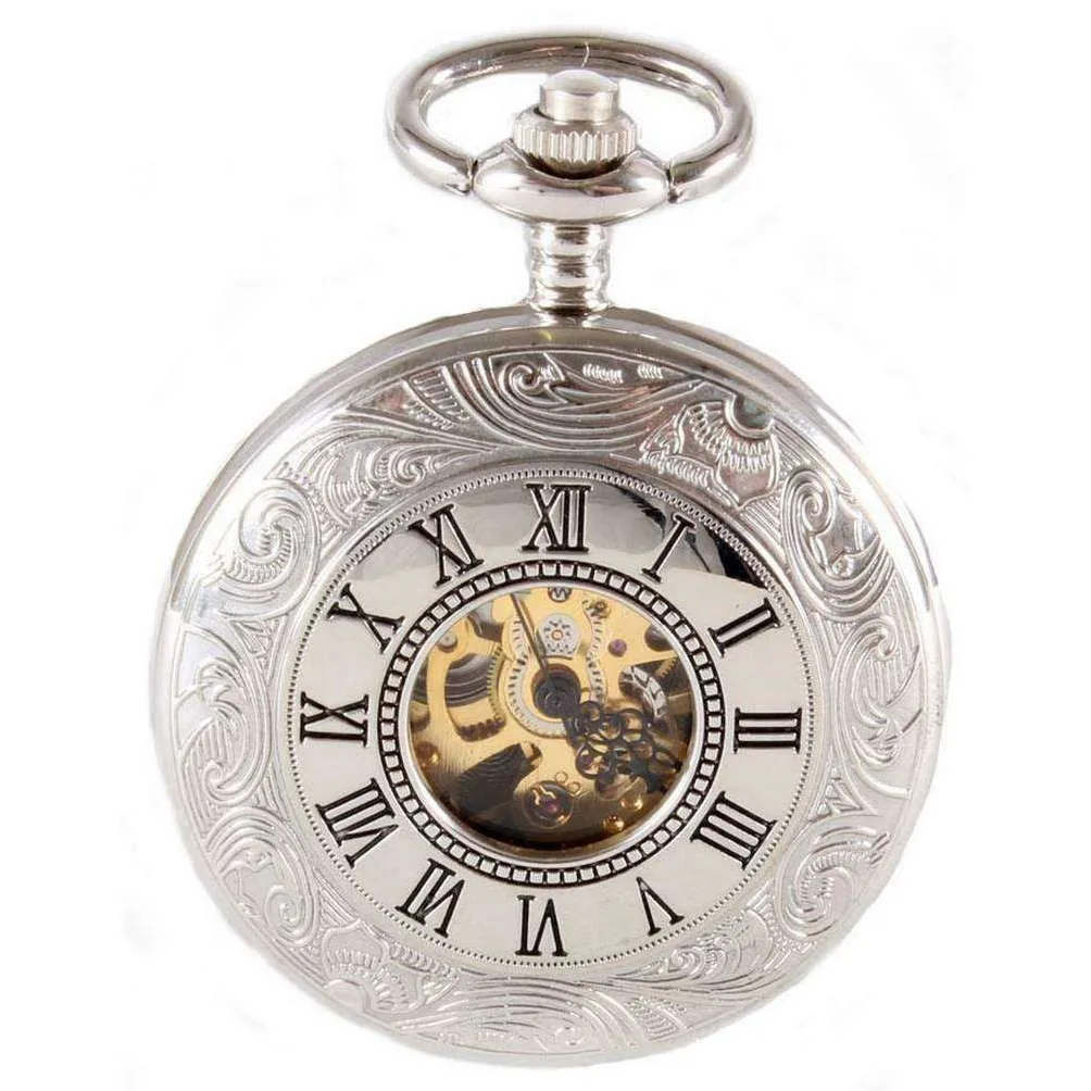 David Aster Half Hunter Patterned Mechanical Pocket Watch - Silver/Gold