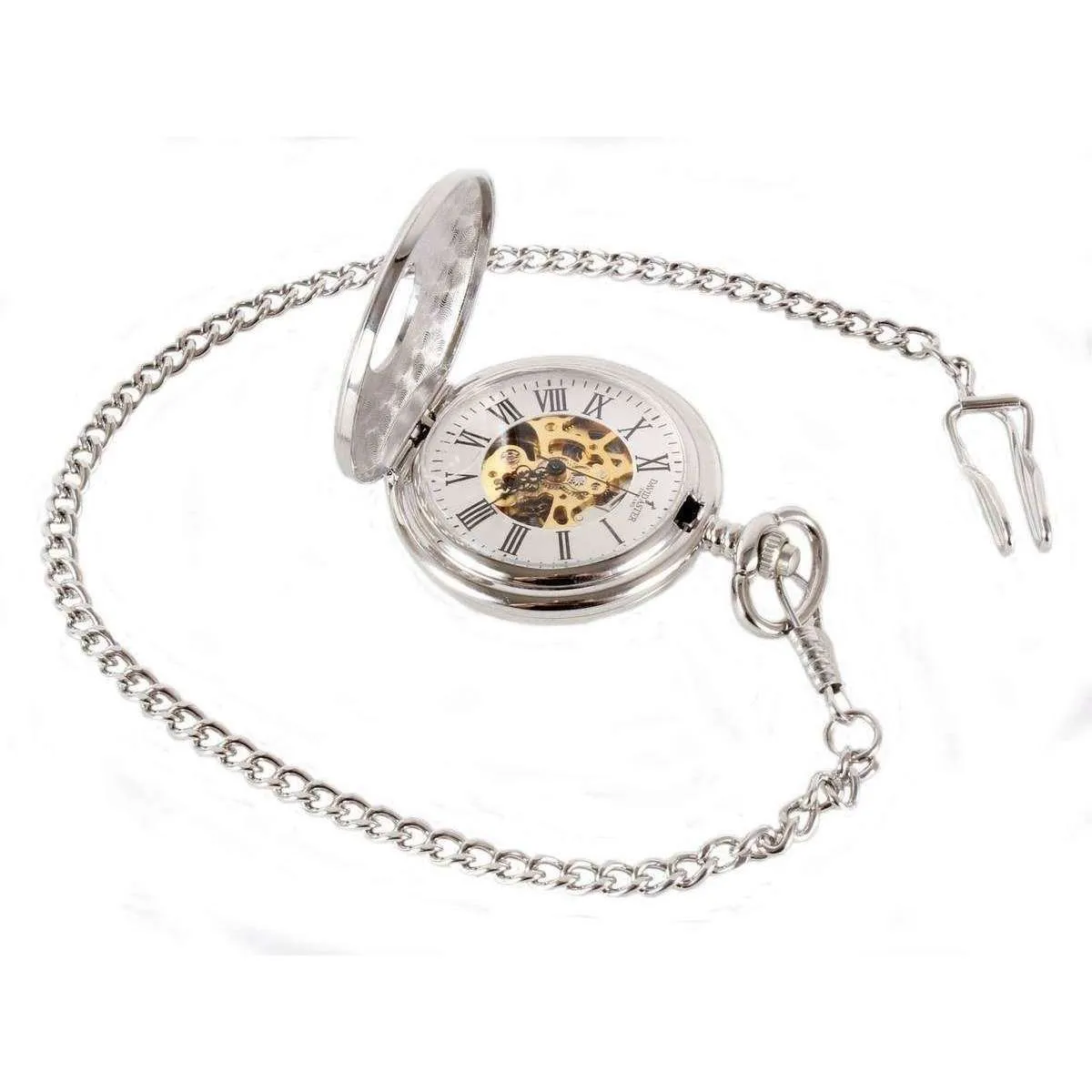 David Aster Half Hunter Patterned Mechanical Pocket Watch - Silver/Gold