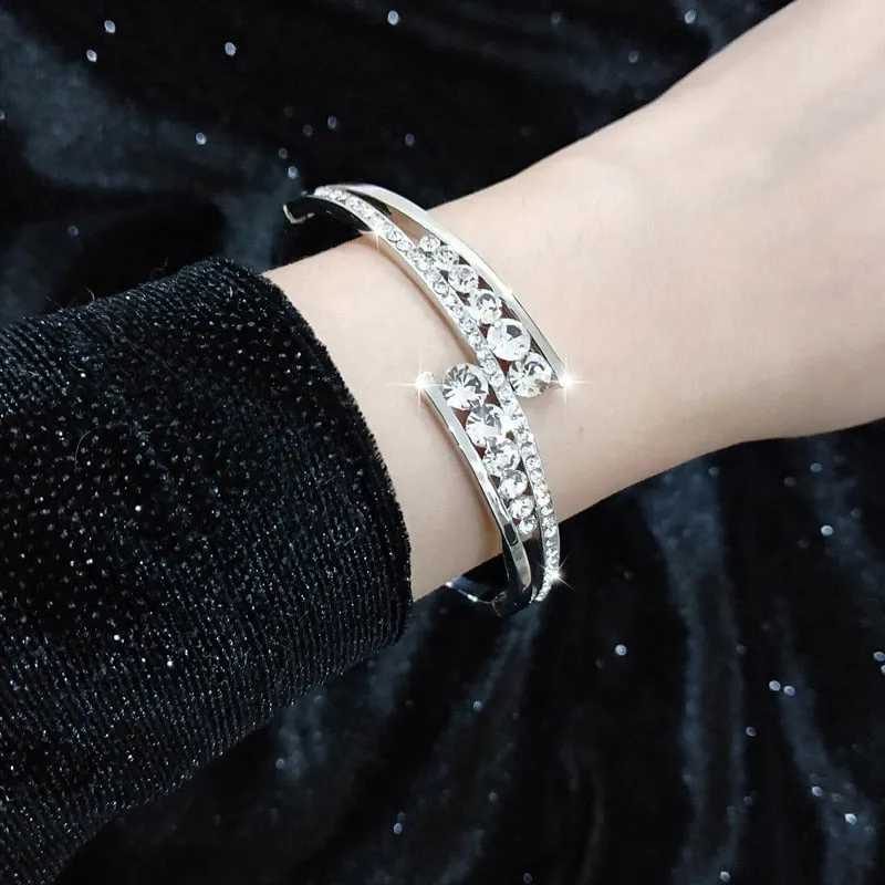 Dazzling Cubic Zirconia Hollow Bangle Cuff Luxury Crystal Bracelet