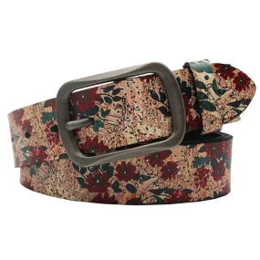 Decorated Red Flower Leaves Printed Leather Belt