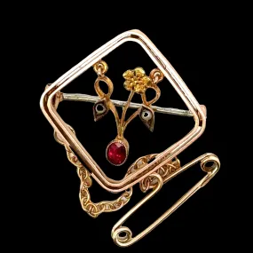 Delightful 9ct Yellow Gold Ruby and Pearl Brooch