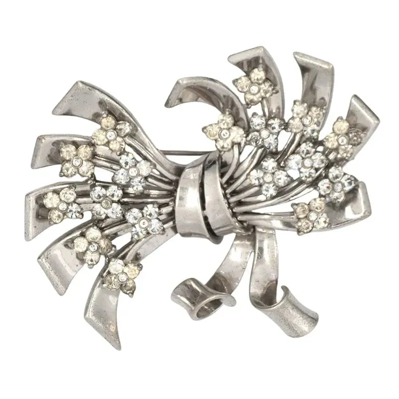 Diamanté Flower & Ribbon Sterling Bow Pennino Brooch