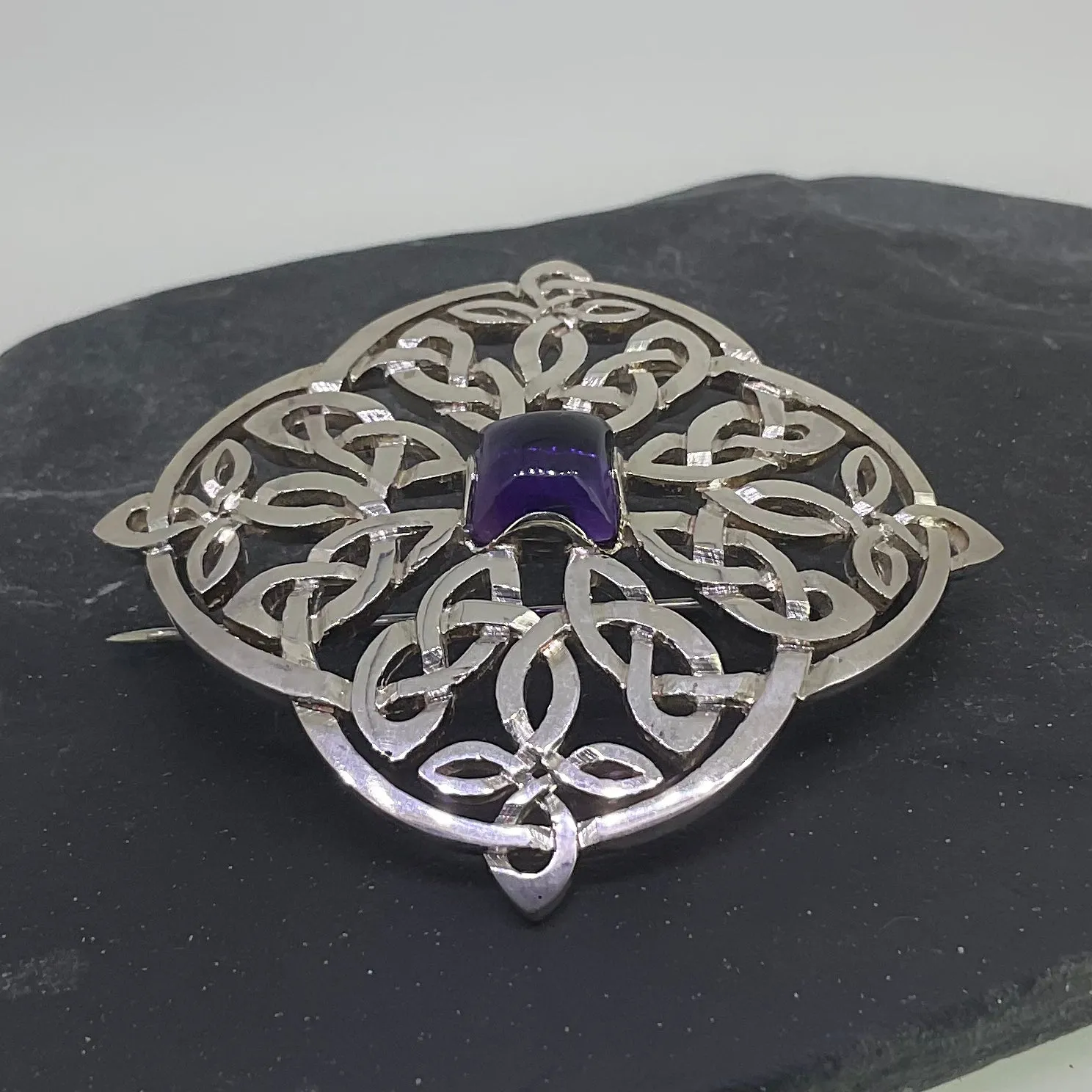 Diamond Shape Silver Celtic Brooch Set with Amethyst - Lockdown