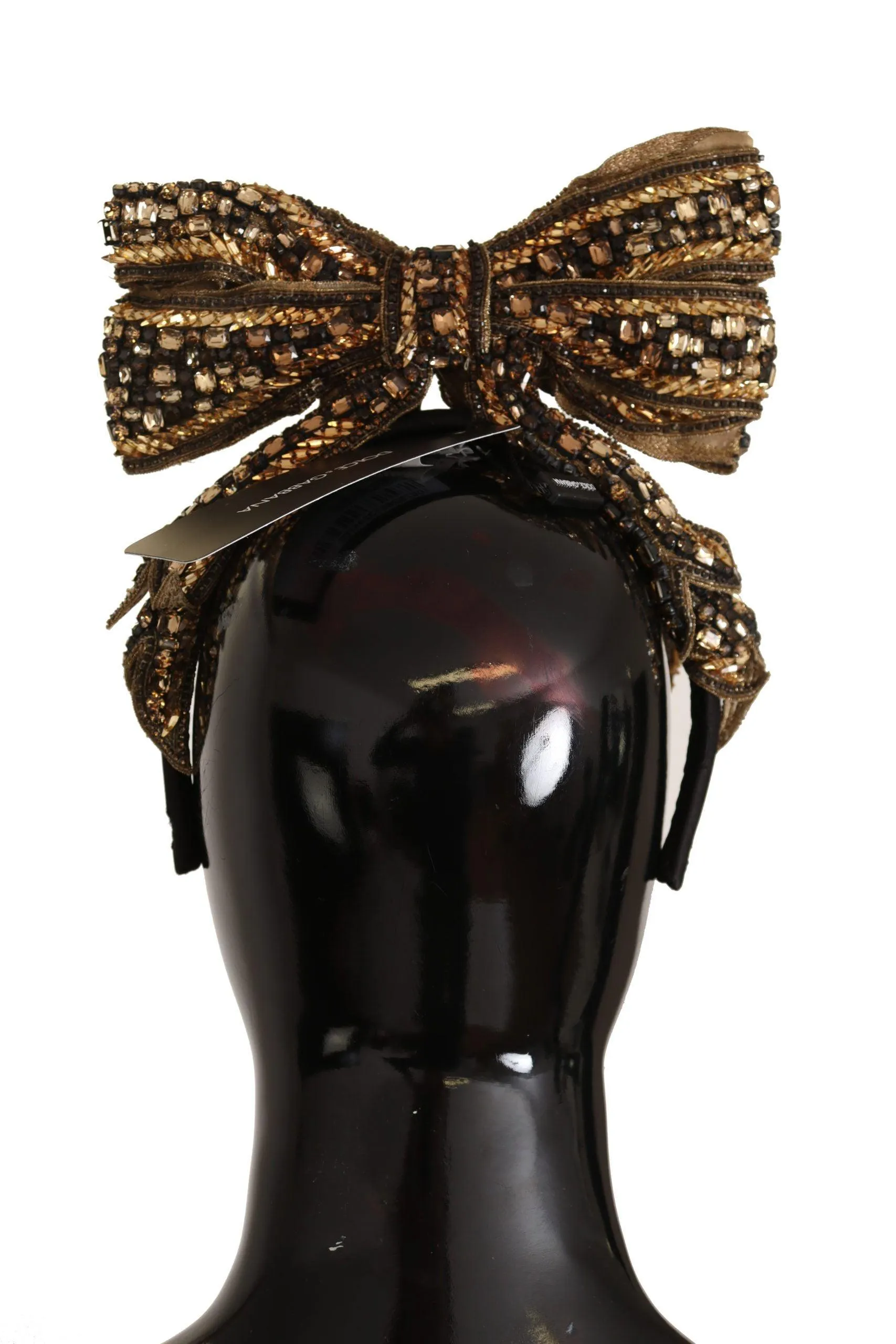 Dolce & Gabbana Gold Crystal Beaded Sequined Silk Bow Headband Diadem