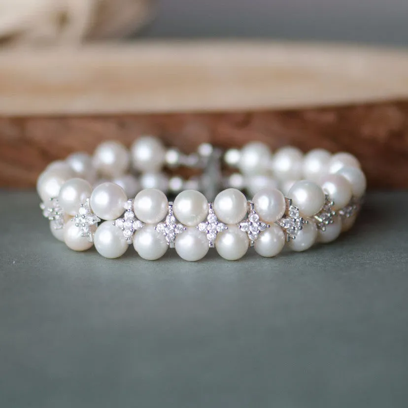 Double Rows High Luster Freshwater Pearls & Crystals Wedding Bracelet, Bridal Jewelry