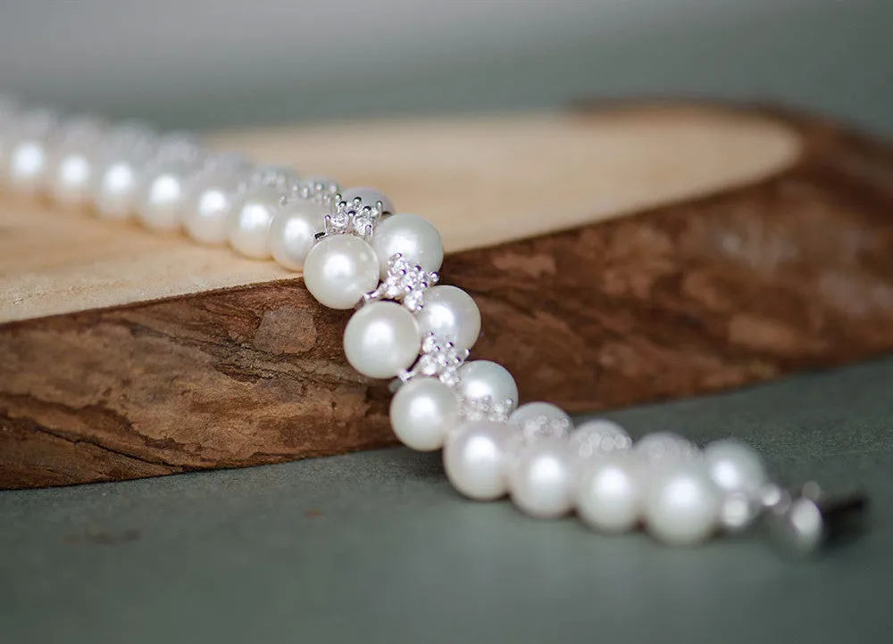 Double Rows High Luster Freshwater Pearls & Crystals Wedding Bracelet, Bridal Jewelry