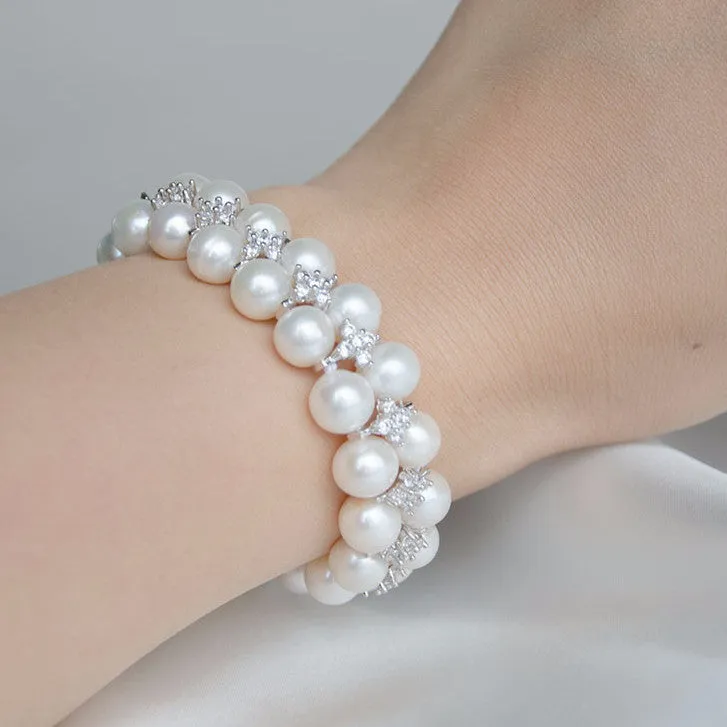 Double Rows High Luster Freshwater Pearls & Crystals Wedding Bracelet, Bridal Jewelry