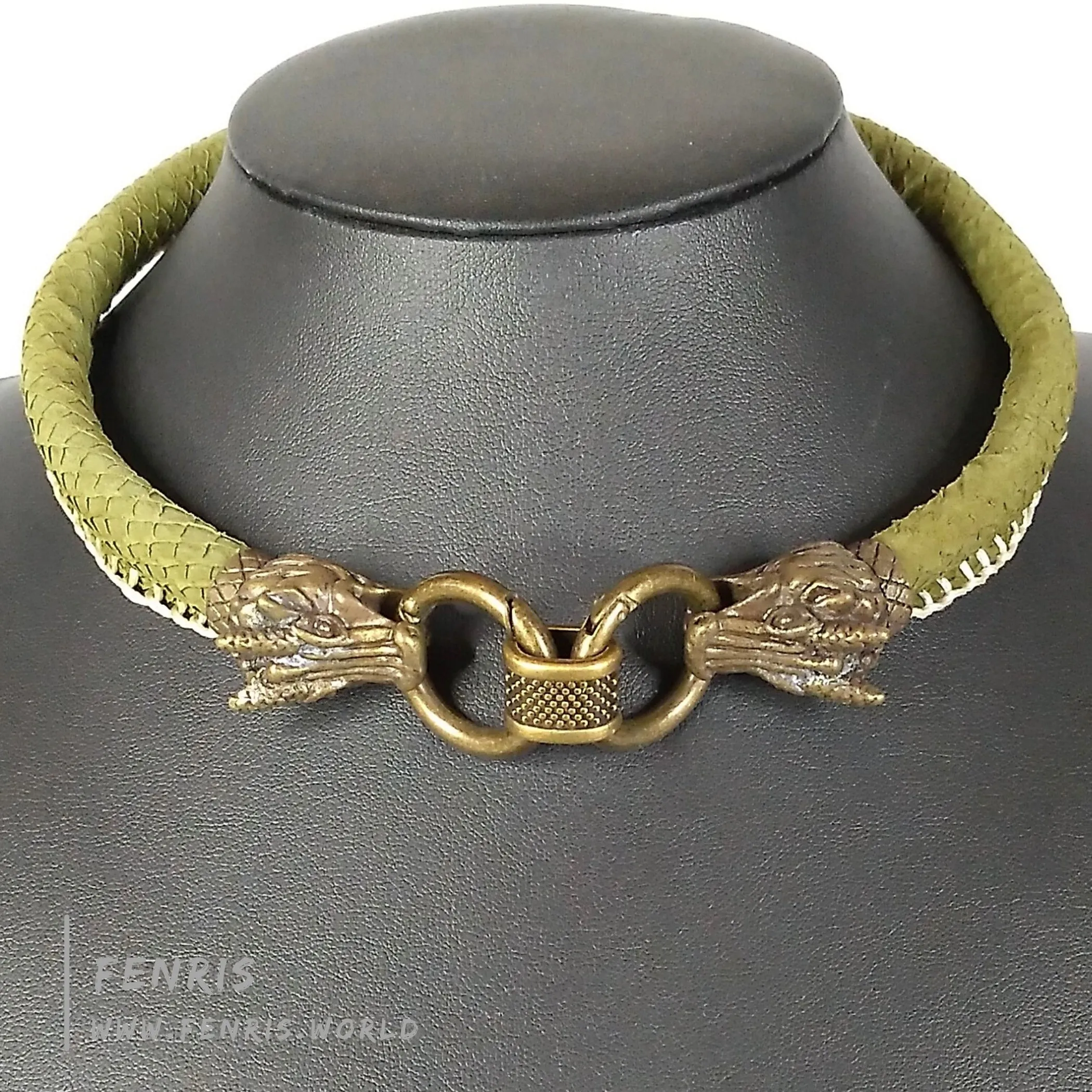 Dragon Choker Necklace Bronze Green Scale Leather