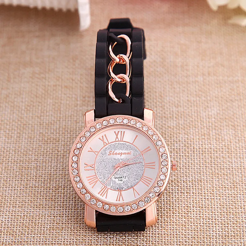 Dress Casual Clock Female Relogio Luxury Quartz Watch Diamond Wristwatches Women Silicone Platinum Chain Fashion Watches