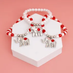 DST Inspired Red White Glass Bead Elephant Charm Bracelets