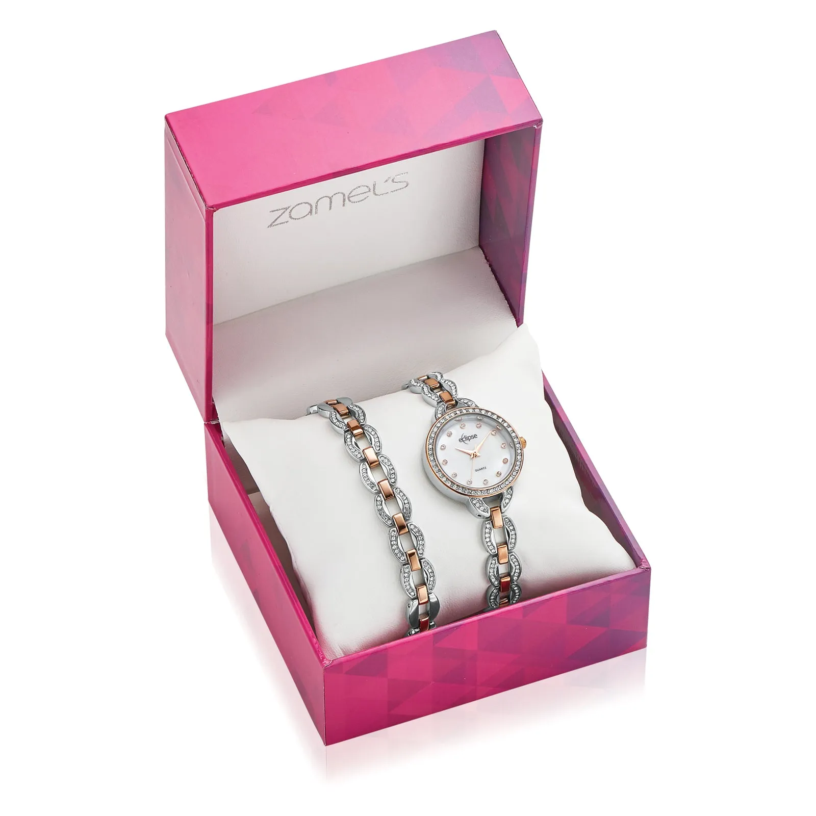 Eclipse Crystal Set Mother of Pearl Dial Silver & Rose Tone Watch and Bracelet