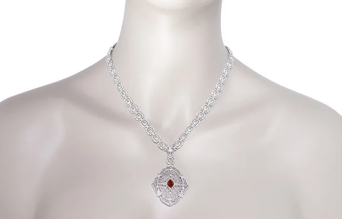 Edwardian Filigree Drop Pendant Necklace with Almandite Garnet and Diamond in Sterling Silver